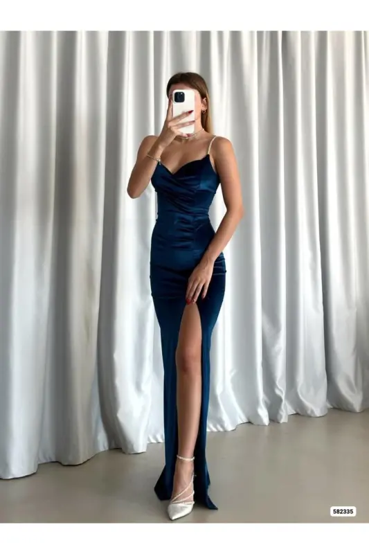 Kadın Petrol Mavisi Taş Askılı Yırtmaçlı Kadife Kumaş Abiye Elbise Nişan Düğün Mezuniyet Elbisesi-Petrol mavisi - 4