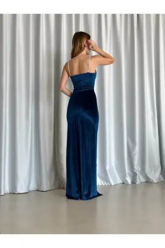 Kadın Petrol Mavisi Taş Askılı Yırtmaçlı Kadife Kumaş Abiye Elbise Nişan Düğün Mezuniyet Elbisesi-Petrol mavisi - 5