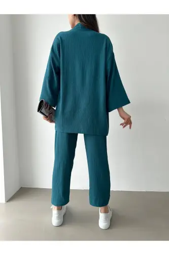 Kadın Petrol Yeşili Kimono Pantolon Örme Takımı - Petrol Yeşili - 11