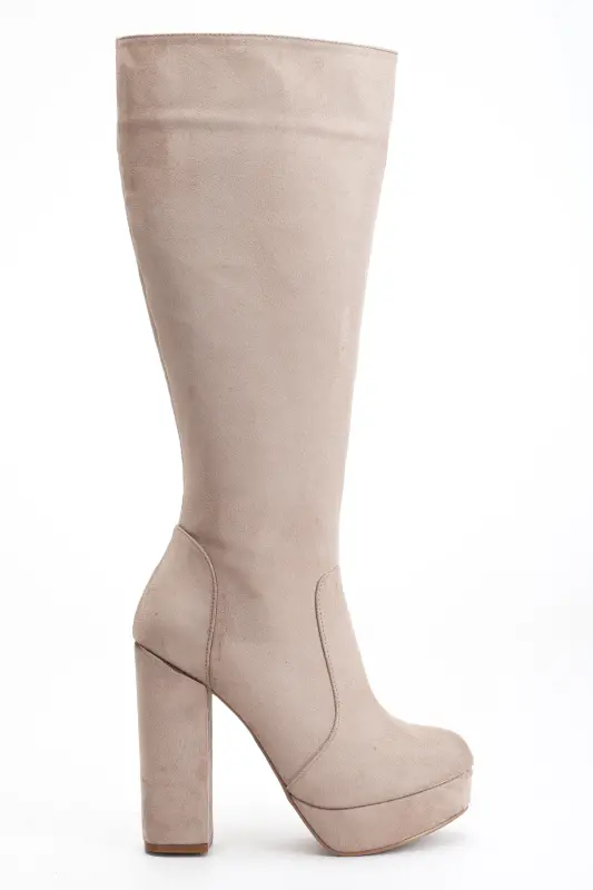Kadın Platform Diz Altı Çizme Vizon Süet-Vizon Süet - 3
