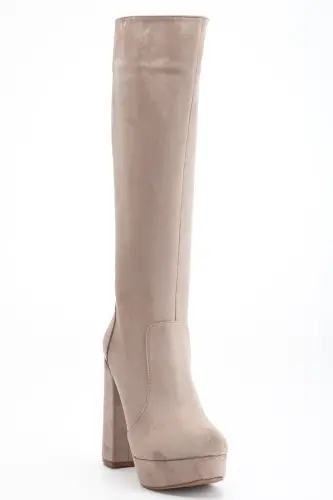 Kadın Platform Diz Altı Çizme Vizon Süet-Vizon Süet - 4