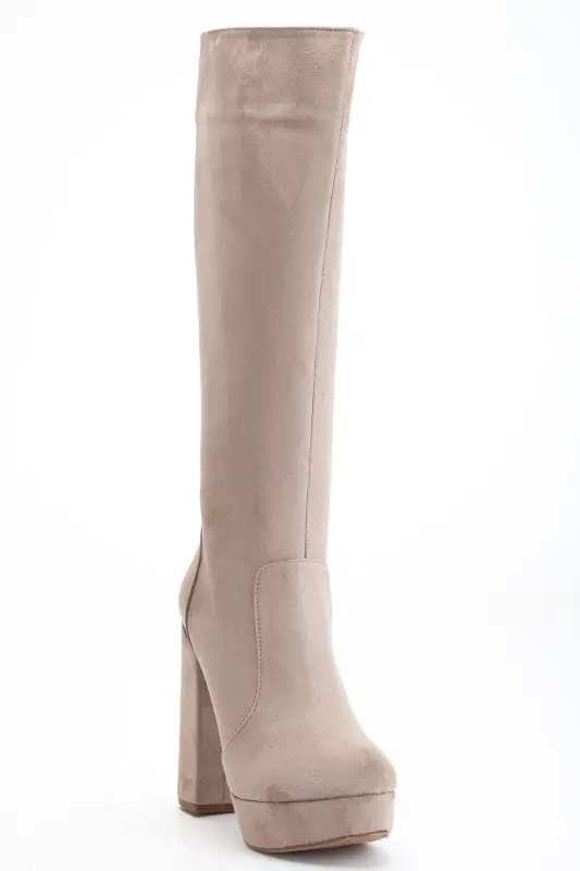 Kadın Platform Diz Altı Çizme Vizon Süet-Vizon Süet - 4
