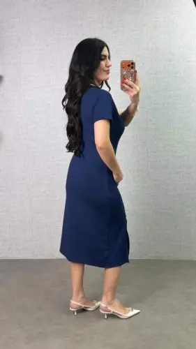 Kadın Polo Yaka çift Yırtmaç Detay Modal Kumaş Midi Boy Elbise - 3