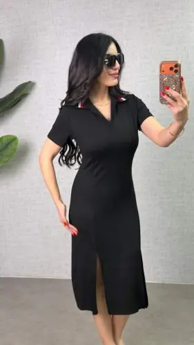 Kadın Polo Yaka çift Yırtmaç Detay Modal Kumaş Midi Boy Elbise - 1