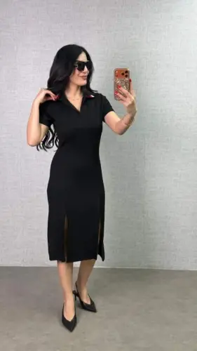 Kadın Polo Yaka çift Yırtmaç Detay Modal Kumaş Midi Boy Elbise - 2