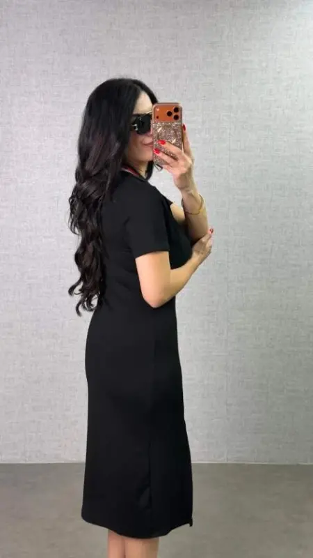 Kadın Polo Yaka çift Yırtmaç Detay Modal Kumaş Midi Boy Elbise - 3