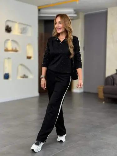 Kadın Polo Yaka çıt çıt Ve Inci Detay Ribanalı Ikili Takım - 3