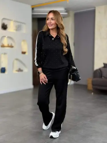 Kadın Polo Yaka çıt çıt Ve Inci Detay Ribanalı Ikili Takım - 4