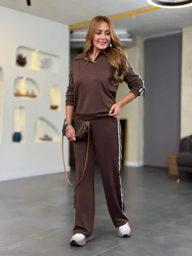 Kadın Polo Yaka çıt çıt Ve Inci Detay Ribanalı Ikili Takım - 5