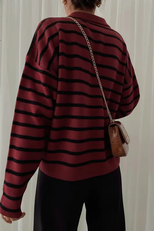 Kadın Polo Yaka Çizgili Triko Kazak-Bordo - 3