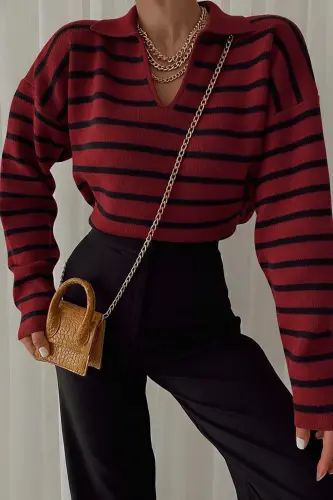 Kadın Polo Yaka Çizgili Triko Kazak-Bordo - 4