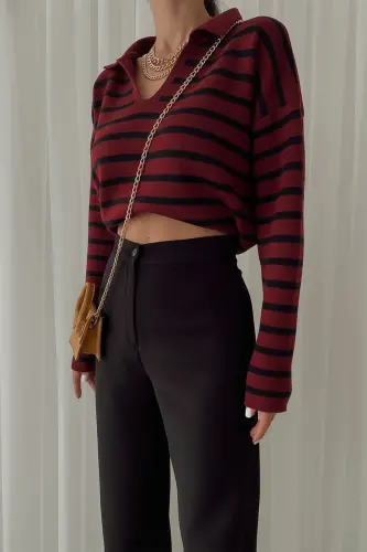 Kadın Polo Yaka Çizgili Triko Kazak-Bordo - ENMODASTYLE (1)