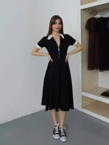 Kadın Polo Yaka Fermuar Detaylı Modal Midi Elbise - 6