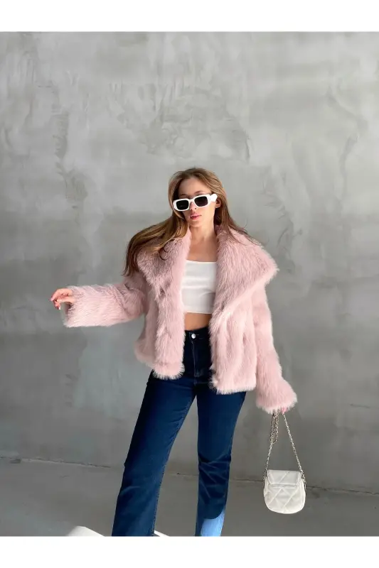 Kadın Premium Peluş Kışlık Premium Suni Mont - Pembe - 3