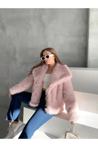 Kadın Premium Peluş Kışlık Premium Suni Mont - Pembe - 4