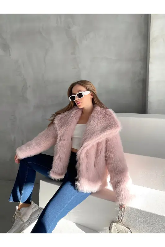 Kadın Premium Peluş Kışlık Premium Suni Mont - Pembe - 4