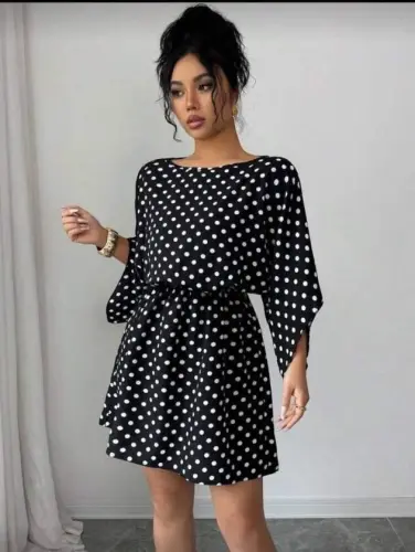 Kadın Puantiyeli örme Krep Mini Elbise (kemersiz) - 1