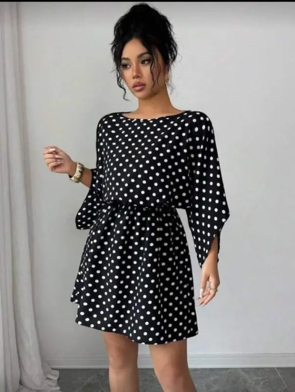 Kadın Puantiyeli örme Krep Mini Elbise (kemersiz) - 1