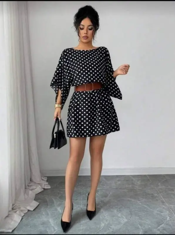 Kadın Puantiyeli örme Krep Mini Elbise (kemersiz) - 2