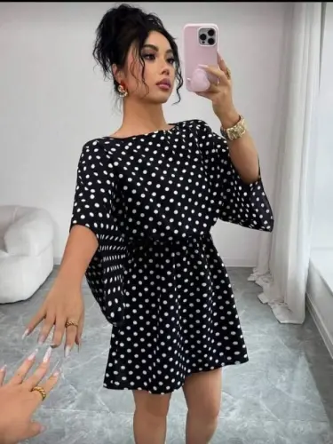 Kadın Puantiyeli örme Krep Mini Elbise (kemersiz) - 3