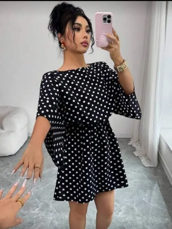 Kadın Puantiyeli örme Krep Mini Elbise (kemersiz) - 3