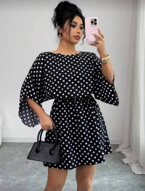 Kadın Puantiyeli örme Krep Mini Elbise (kemersiz) - 4