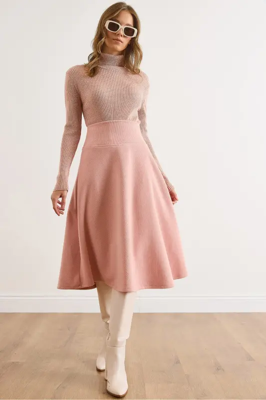 Kadın Pudra Beli Bantlı Selanik Çan Etek ETK-19000297-Pudra - 1