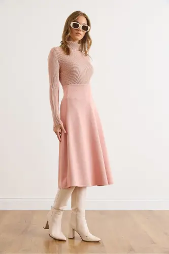 Kadın Pudra Beli Bantlı Selanik Çan Etek ETK-19000297-Pudra - OLALOOK (1)