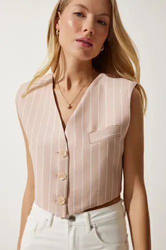 Kadın Pudra Çizgili Mini Dokuma Yelek TO00125-Pudra - 1