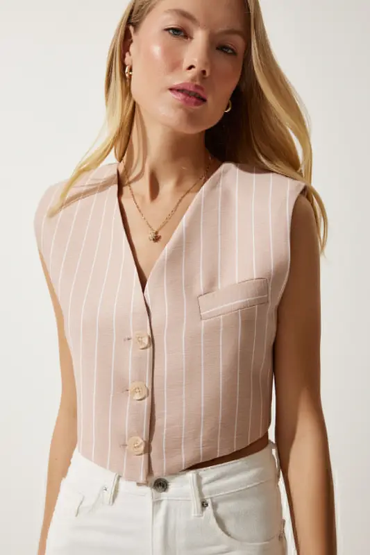 Kadın Pudra Çizgili Mini Dokuma Yelek TO00125-Pudra - 1