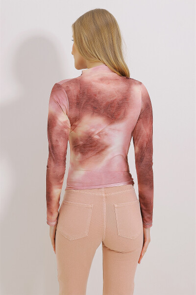 Kadın Pudra Dik Yaka Omzu Büzgülü Drapeli Desenli Bluz ALC-X11131-PUDRA - 6