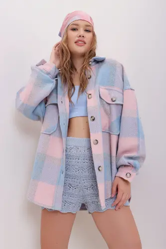 Kadın Pudra Ekose Desenli Kaşe Pamuklu Oversize Ceket Gömlek Alc-X7142-PUDRA - 2