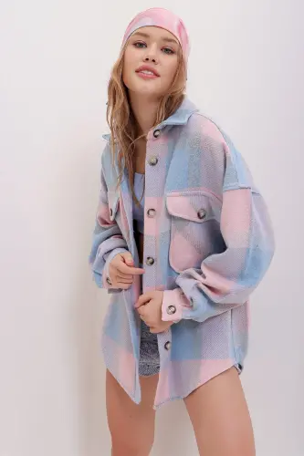 Kadın Pudra Ekose Desenli Kaşe Pamuklu Oversize Ceket Gömlek Alc-X7142-PUDRA - 3