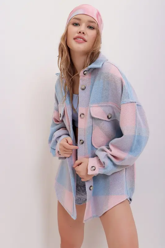 Kadın Pudra Ekose Desenli Kaşe Pamuklu Oversize Ceket Gömlek Alc-X7142-PUDRA - 3