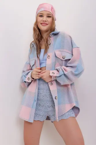 Kadın Pudra Ekose Desenli Kaşe Pamuklu Oversize Ceket Gömlek Alc-X7142-PUDRA - 4