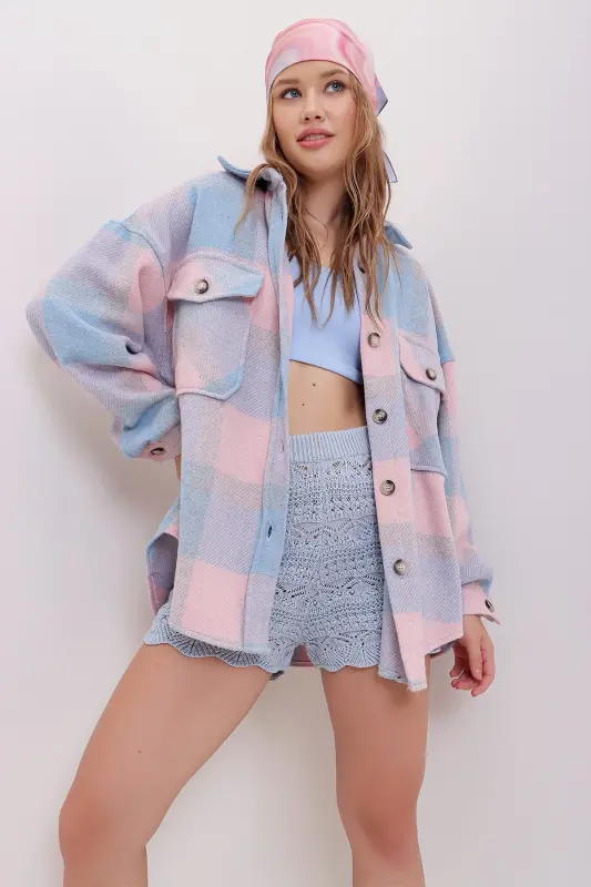 Kadın Pudra Ekose Desenli Kaşe Pamuklu Oversize Ceket Gömlek Alc-X7142-PUDRA - 5