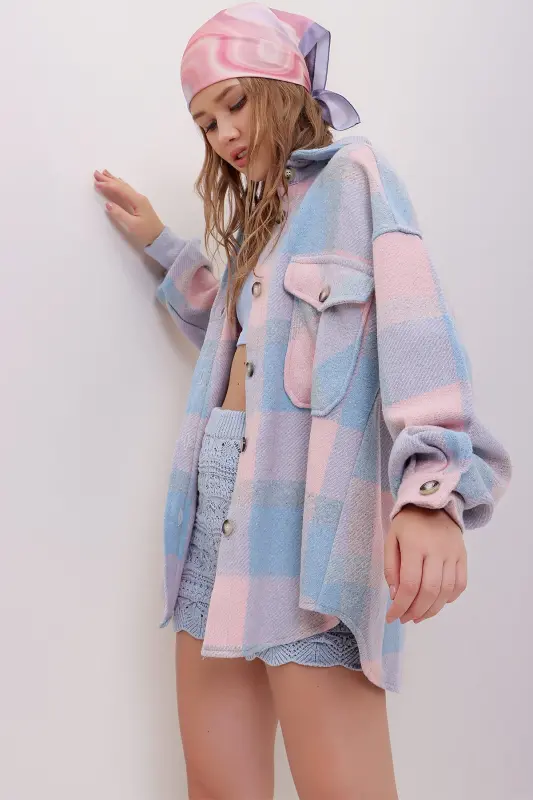 Kadın Pudra Ekose Desenli Kaşe Pamuklu Oversize Ceket Gömlek Alc-X7142-PUDRA - 6