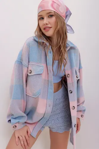 Kadın Pudra Ekose Desenli Kaşe Pamuklu Oversize Ceket Gömlek Alc-X7142-PUDRA 