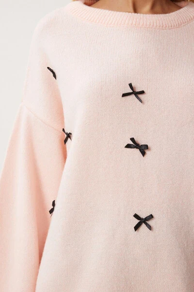 Kadın Pudra Fiyonk Detaylı Oversize Triko Kazak KB00042-Pudra - 3