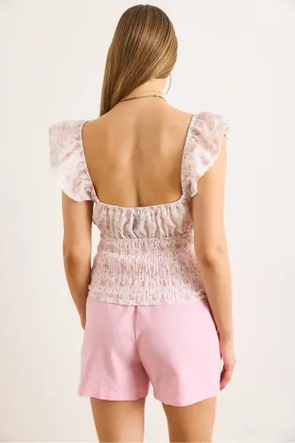 Kadın Pudra Gipeli Bağcık Detaylı Crop Keten Görünümlü Bluz BLZ-19002973-Pudra - 6