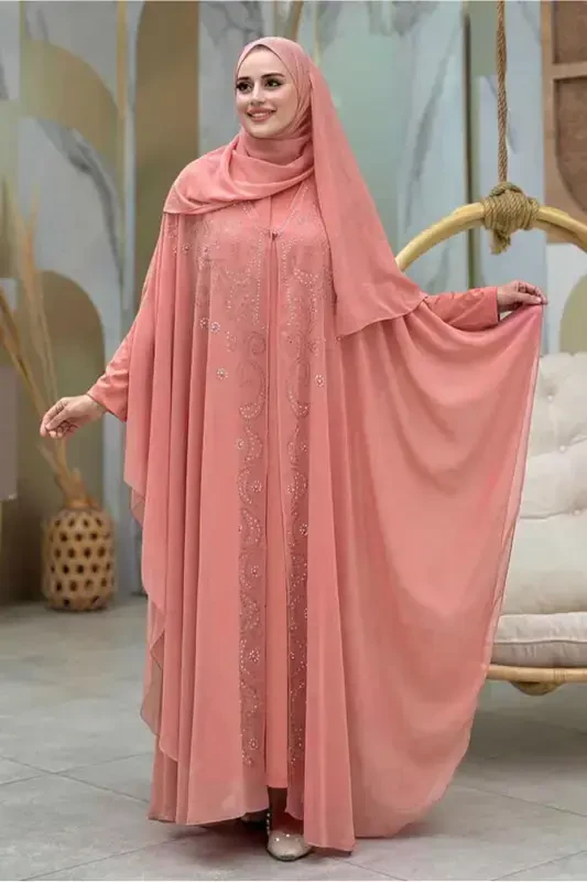 KADIN PUDRA İŞLEMELİ TÜLLÜ İKİLİ FERACE TAKIM T 6773-PUDRA - 2