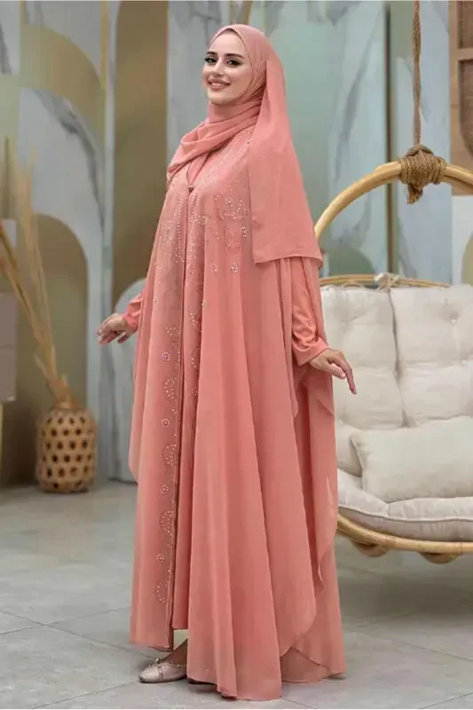 KADIN PUDRA İŞLEMELİ TÜLLÜ İKİLİ FERACE TAKIM T 6773-PUDRA - 3