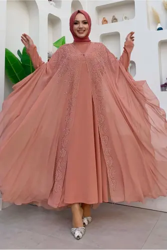 KADIN PUDRA İŞLEMELİ TÜLLÜ İKİLİ FERACE TAKIM T 6773-PUDRA 