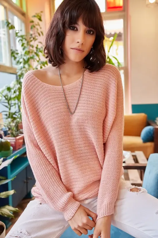 Kadın Pudra Selanik Salaş Triko Kazak KZK-19000051-Pudra - 2