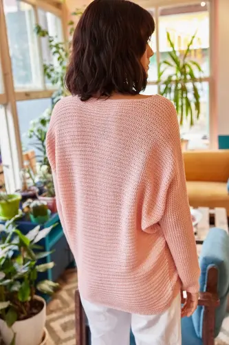 Kadın Pudra Selanik Salaş Triko Kazak KZK-19000051-Pudra - 4