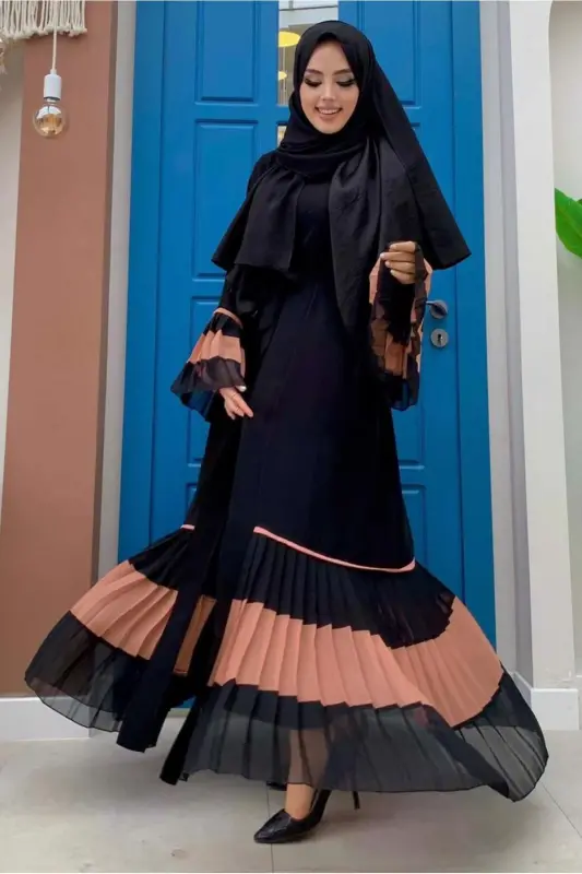 KADIN PUDRA (SİYAH-PUDRA) PİLİSE DETAYLI VOLANLI ABAYA T 4547 - PUDRA (SİYAH-PUDRA) - 1