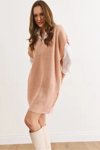 Kadın Pudra V Yaka Triko Tunik Elbise ELB-19002343-Pudra 