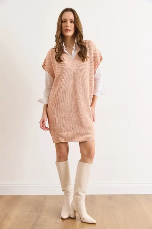 Kadın Pudra V Yaka Triko Tunik Elbise ELB-19002343-Pudra - 2