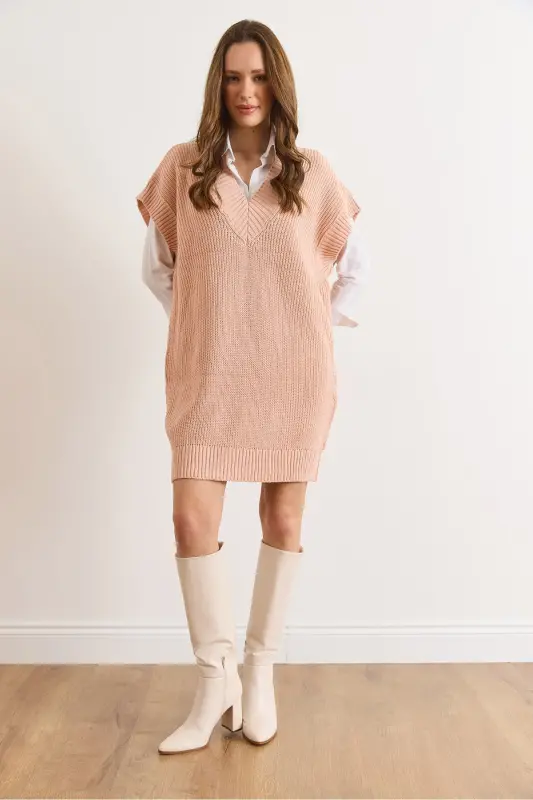 Kadın Pudra V Yaka Triko Tunik Elbise ELB-19002343-Pudra - 3