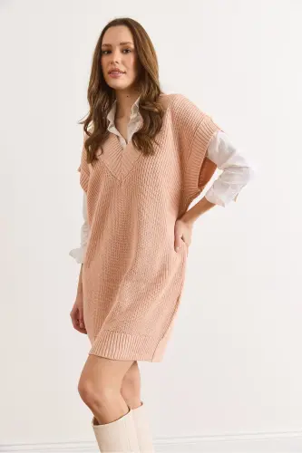 Kadın Pudra V Yaka Triko Tunik Elbise ELB-19002343-Pudra - 6